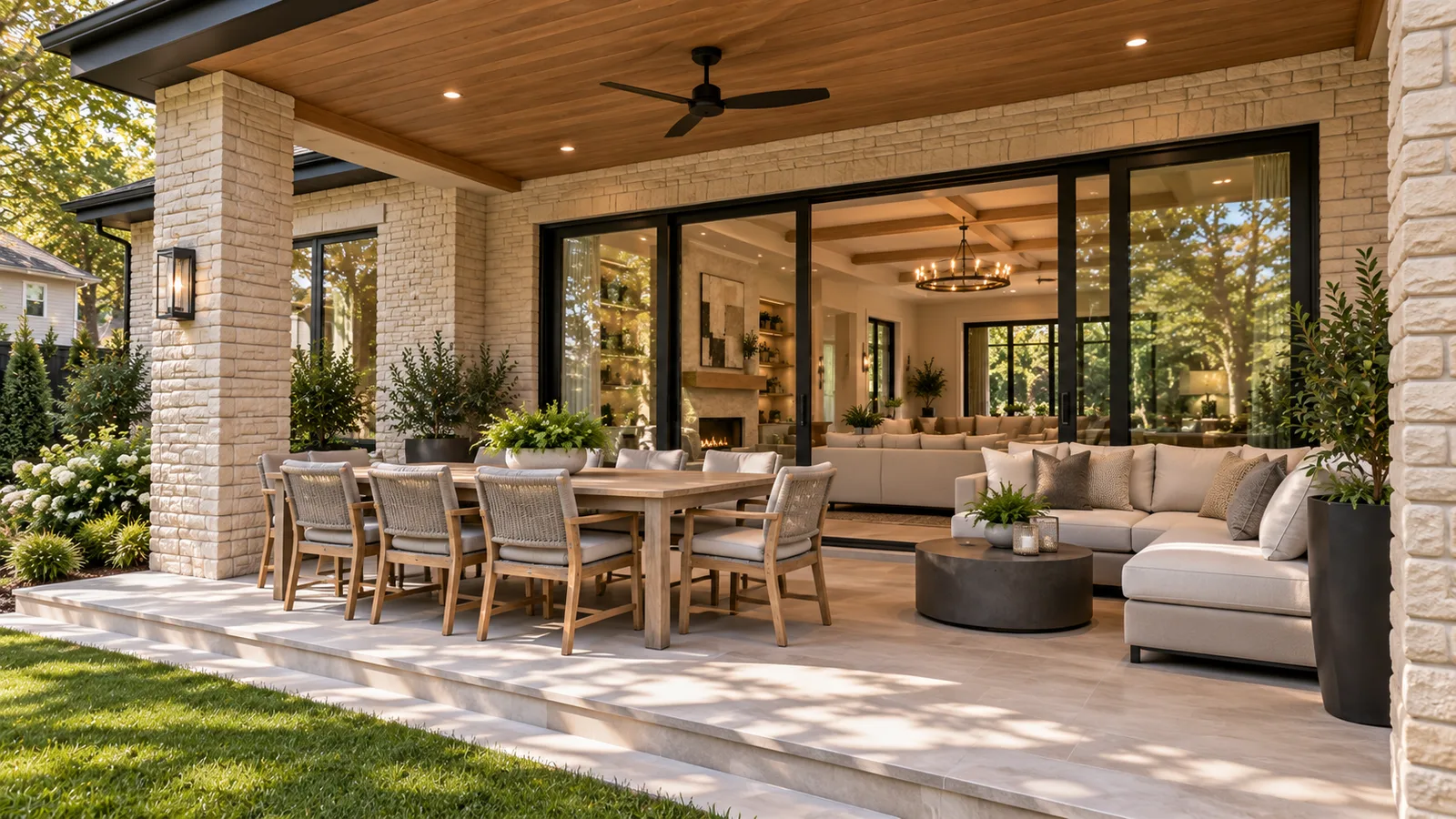 Covered terrace with dining and lounge
