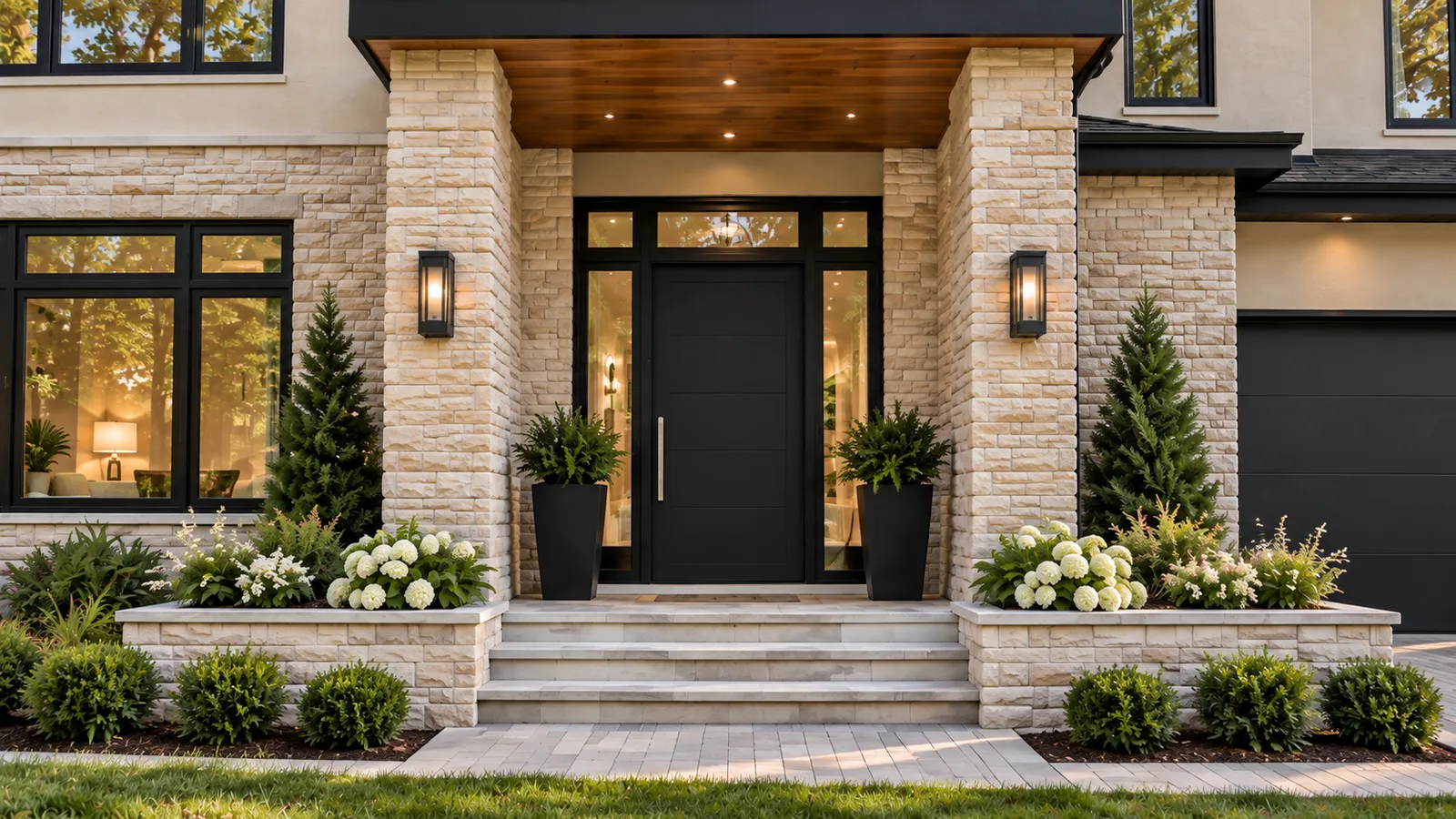 Stone entry with oversized black door