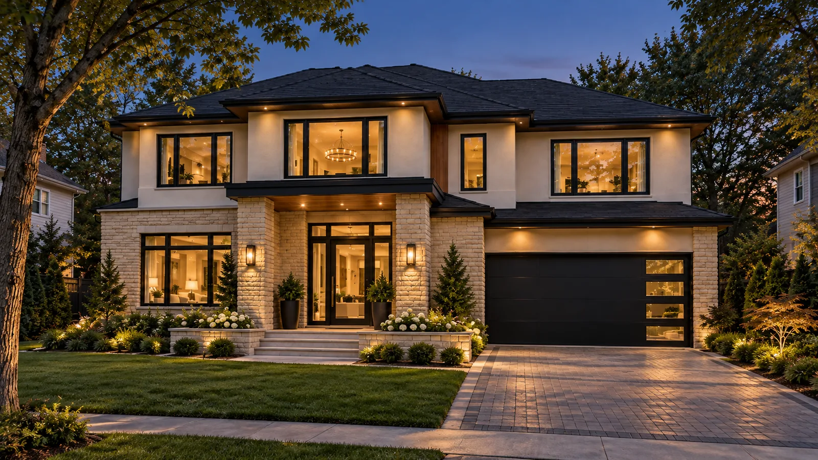 Front elevation at twilight with limestone and black trim