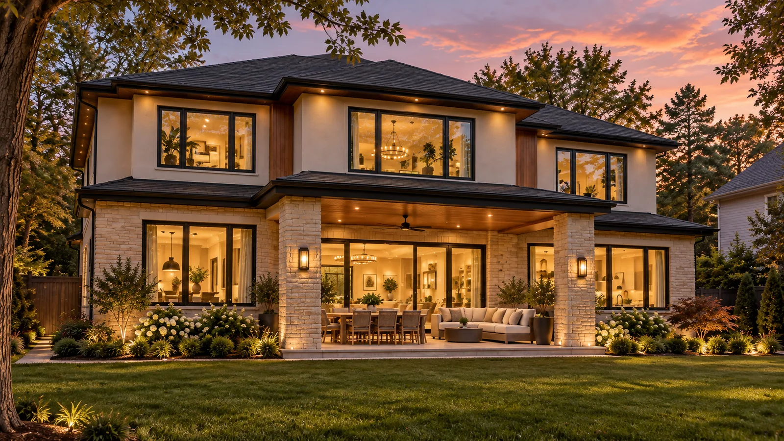 Rear elevation lit at dusk
