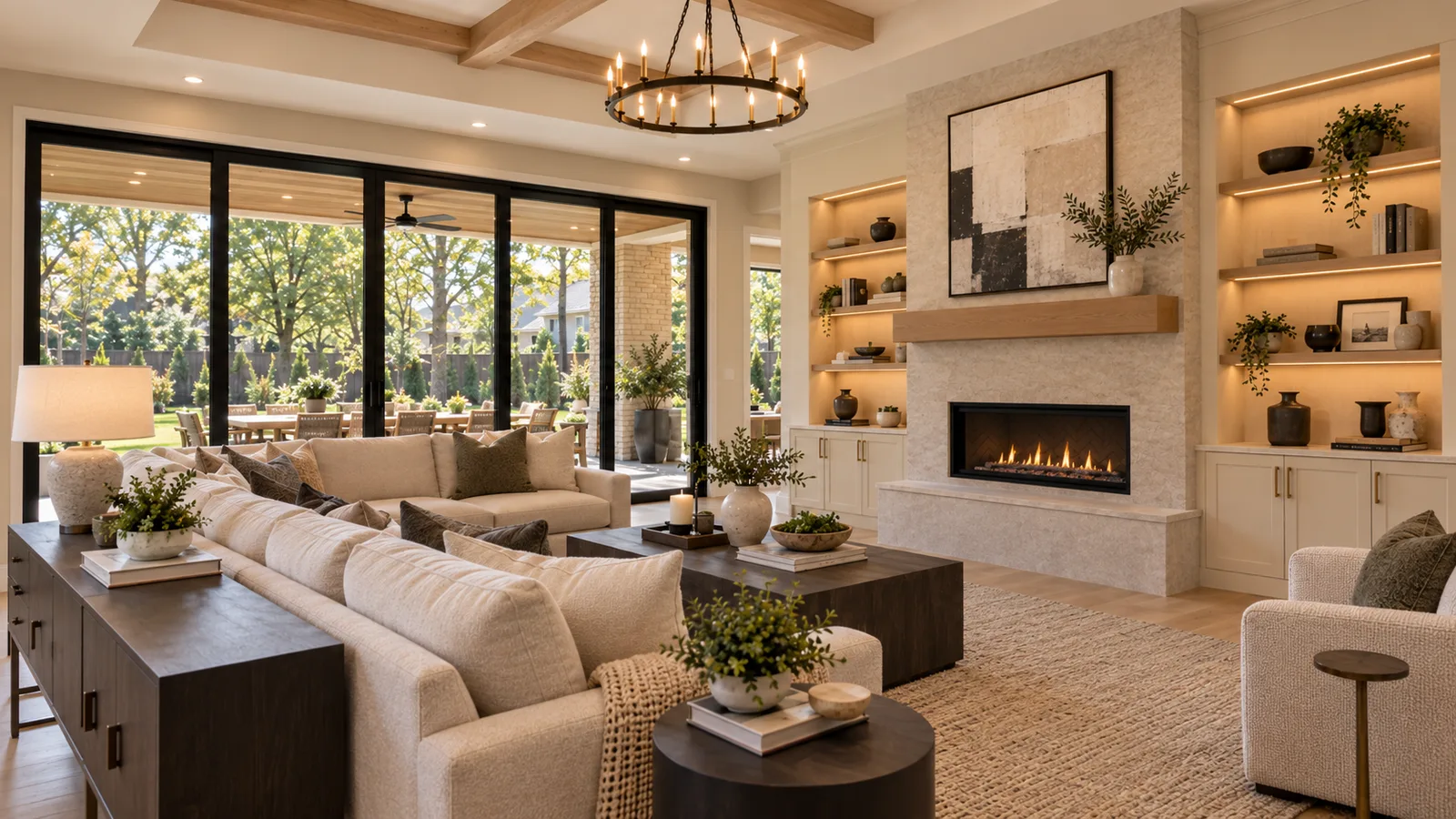 Great room with linear fireplace and beamed ceiling