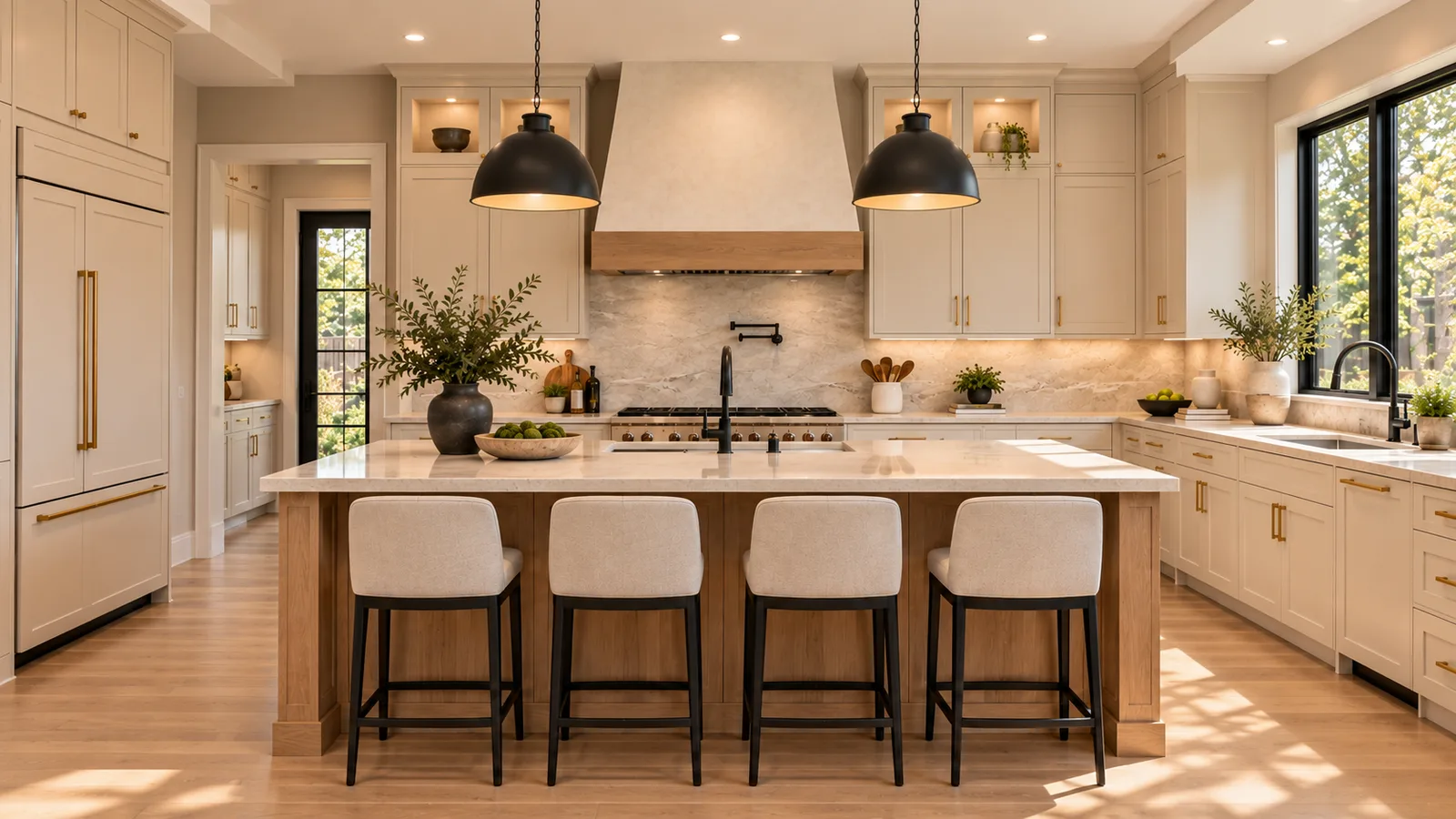 Chef's kitchen with quartzite island and custom hood