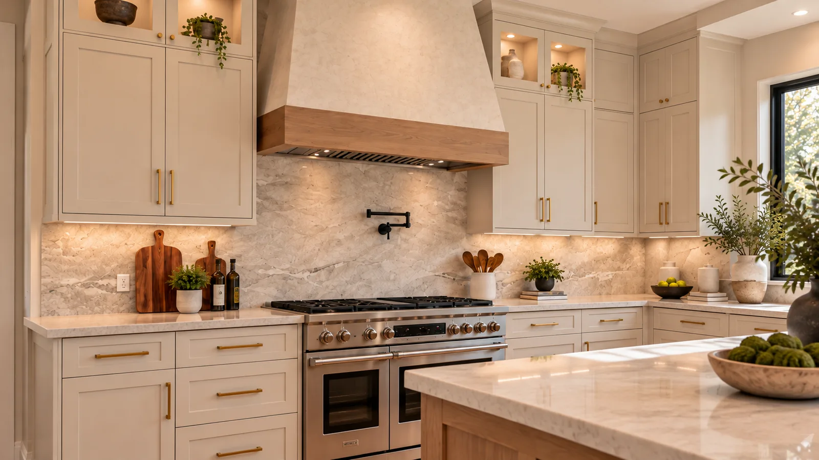 Range wall with slab backsplash