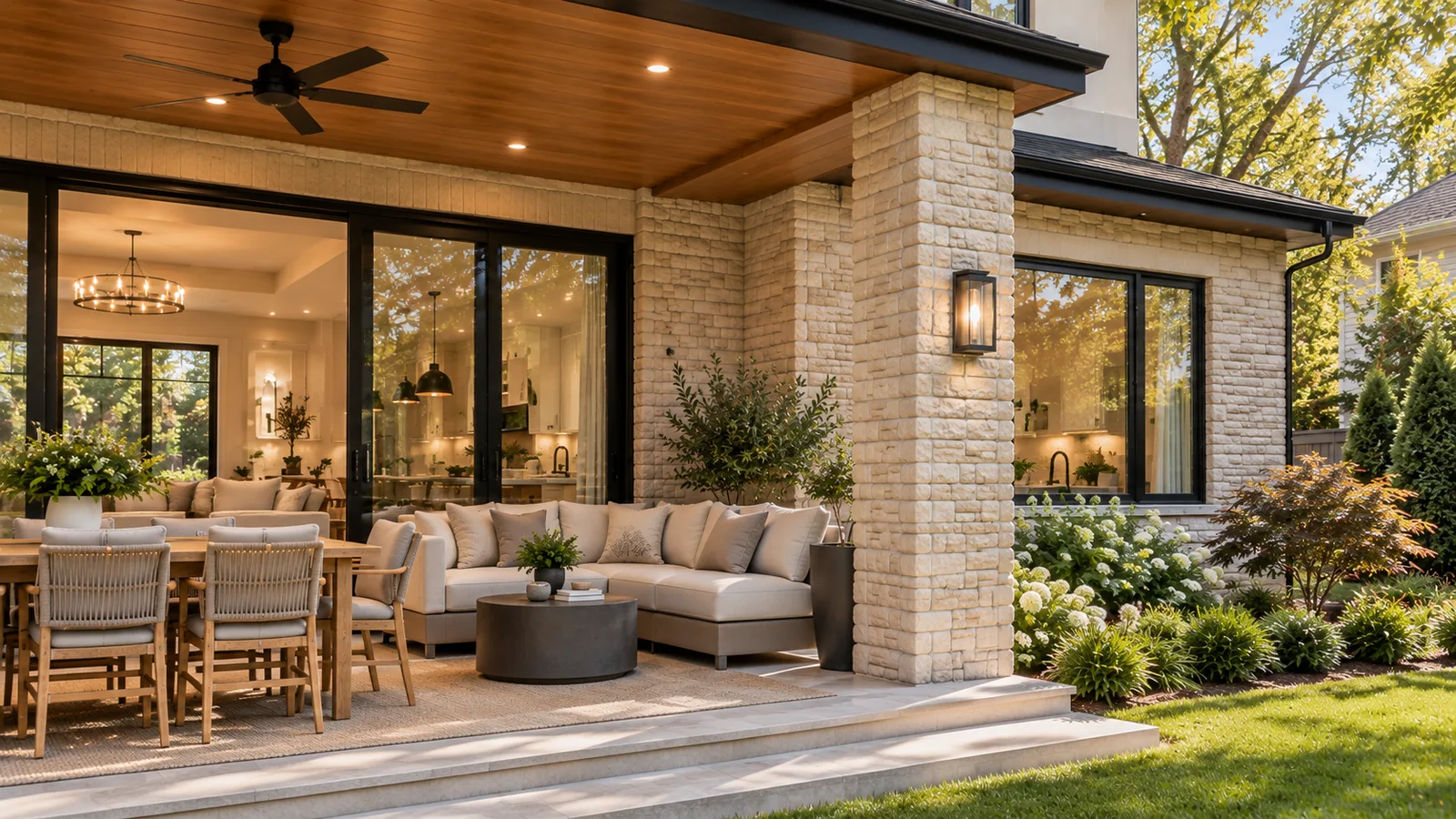 Outdoor lounge with stone fireplace
